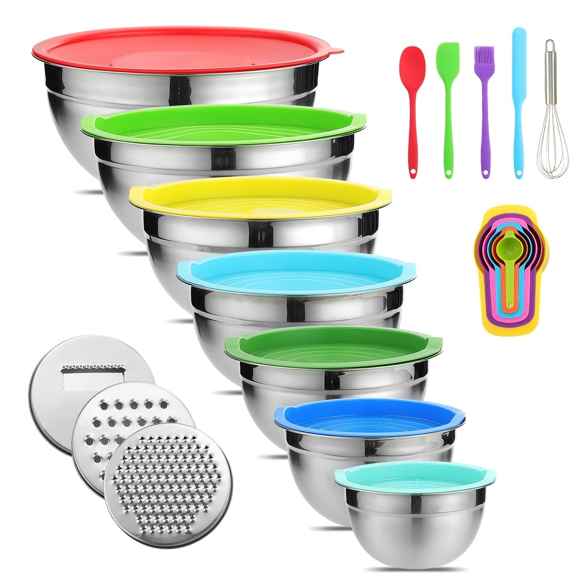 TEMU Set Of 21 Mixing Bowls With Lids, Made Of Stainless Steel, Includes 3 Grater Attachments, Sizes Ranging From 0.7qt To 4.5qt, Perfect For Cooking, Baking, And Serving , Suitable For Christmas Use