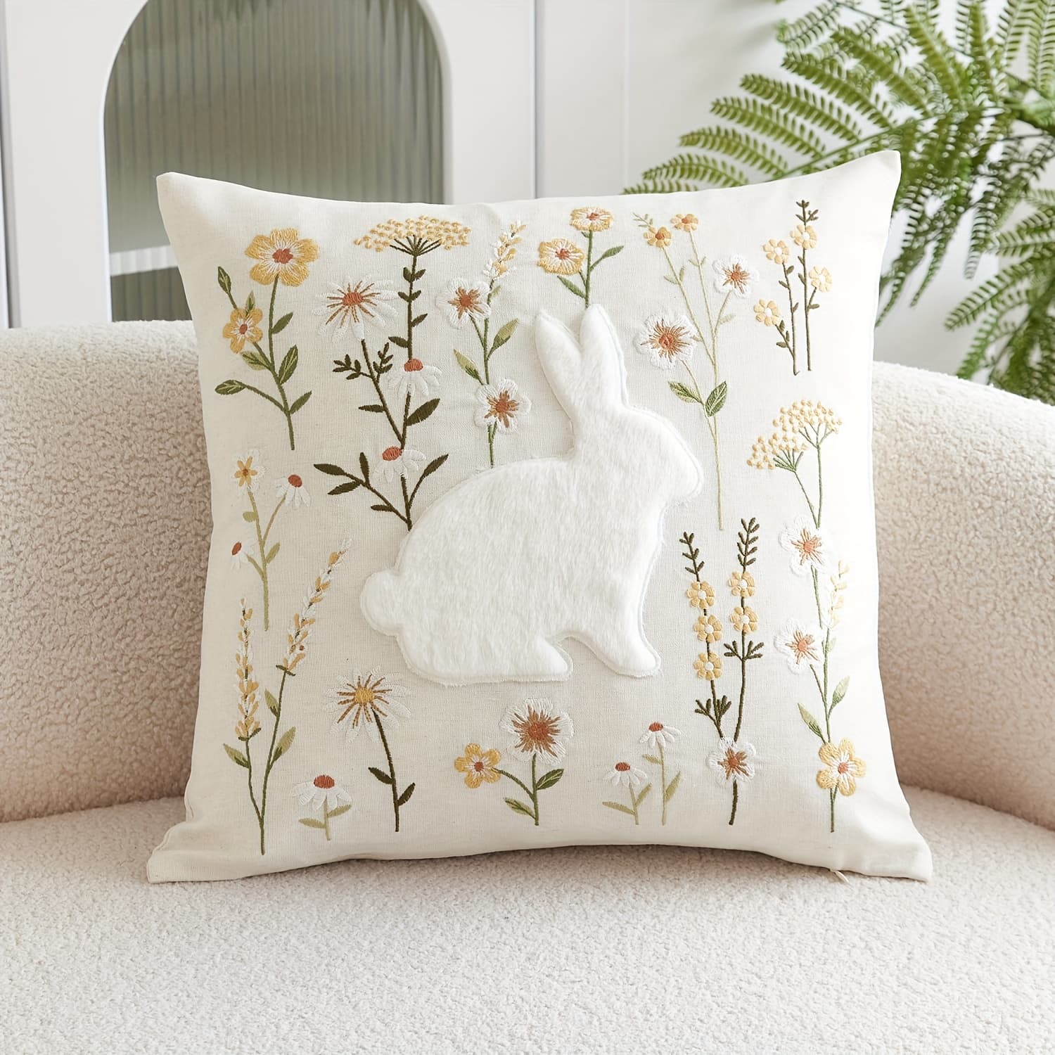 TEMU 1pc, Easter Natural Linen Cushion Covers, Easter Wild Floral Rabbit Covers, Single Side Embroidery, 17.7*17.7inch, Suitable For Sofa, Living Room, Bedroom Home Decoration, No Pillow Core