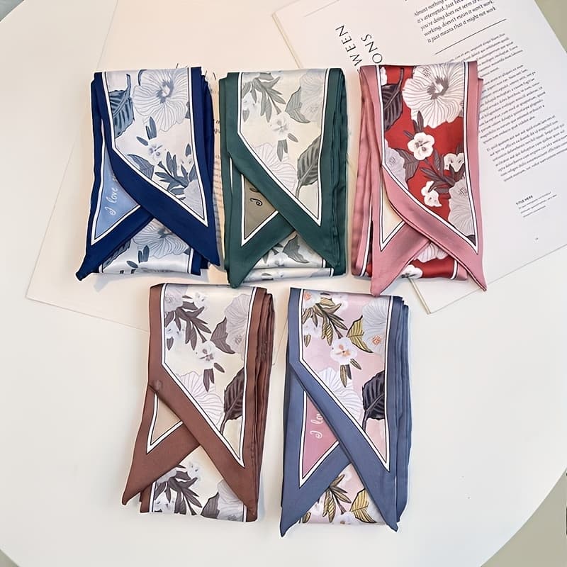 TEMU 5pcs Long Scarf Set For Women, Spring/summer Gentle Vintage Floral Neck Scarf, Bag Tie, Hair Tie, Ins-style Headscarf, Hair Band