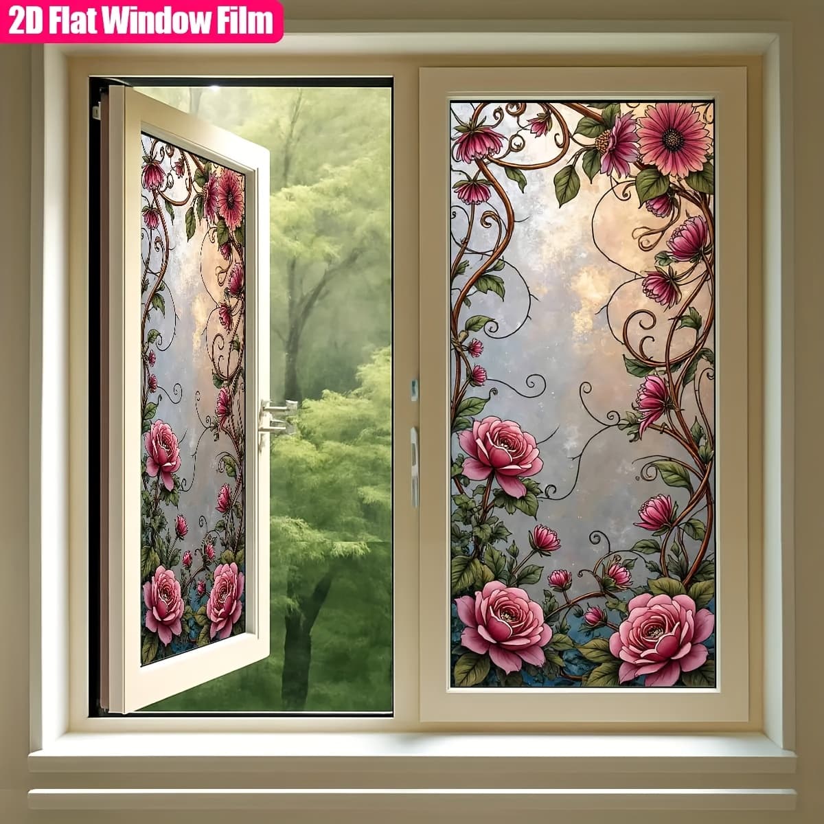 TEMU Rose Stained Glass Window Film, Self-adhesive And High Quality, Privacy Decorative Sticker For Bedroom And Balcony