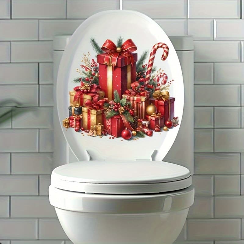 TEMU 1pc Christmas Toilet Seat & Sticker - Self-adhesive Festive Holiday Decor With Gifts, Candy Canes & Pine Branches - Square Surface Decoration For Bathroom Wall Or ( Finish)
