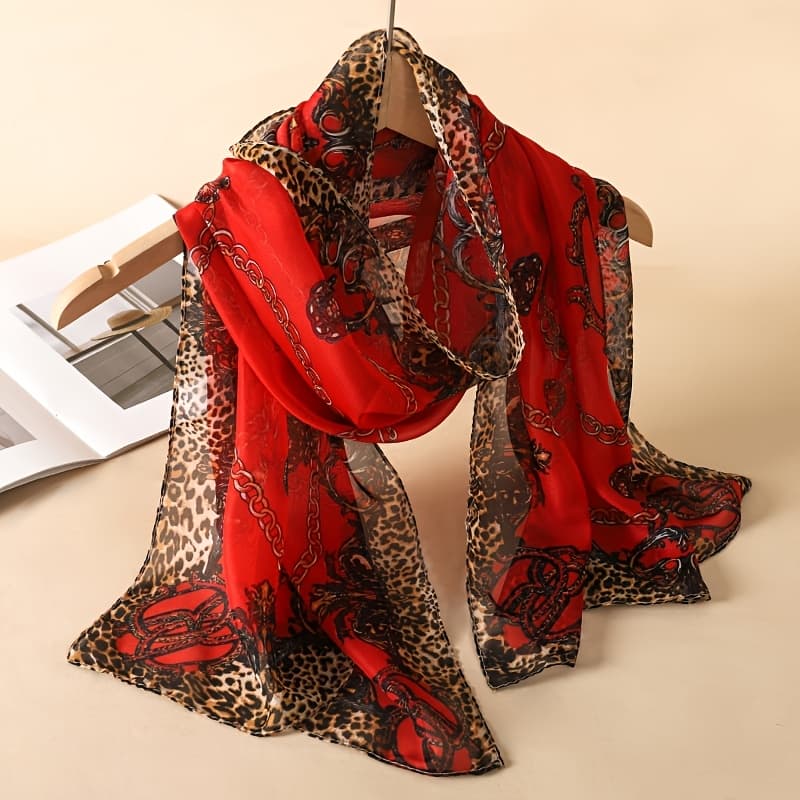 TEMU 1pc Vintage Leopard Print Chain Print Chiffon Scarf, Women's Fashion Shawl, Regular Size Breathable Thin Style, Versatile Decorative Accessory For Spring/summer With Suits, Shirts, And Dresses