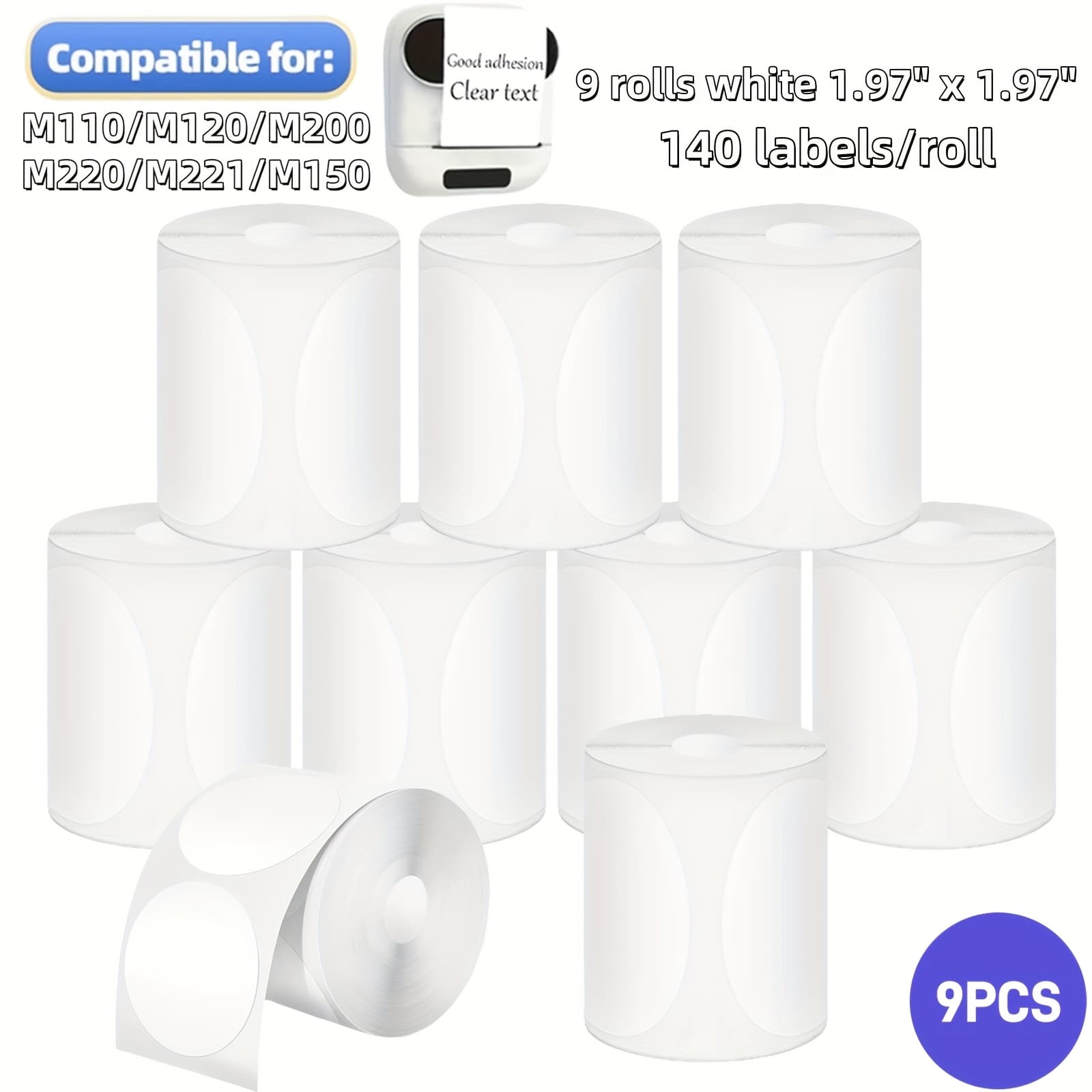 TEMU 9 Rolls White Round Thermal Label Sticker Set 140 Labels/roll Suitable For Portable Printer M110/m120//m220/m221/ 1.97''*1.97''(50*50mm) Self-adhesive Sticker For Home And Office
