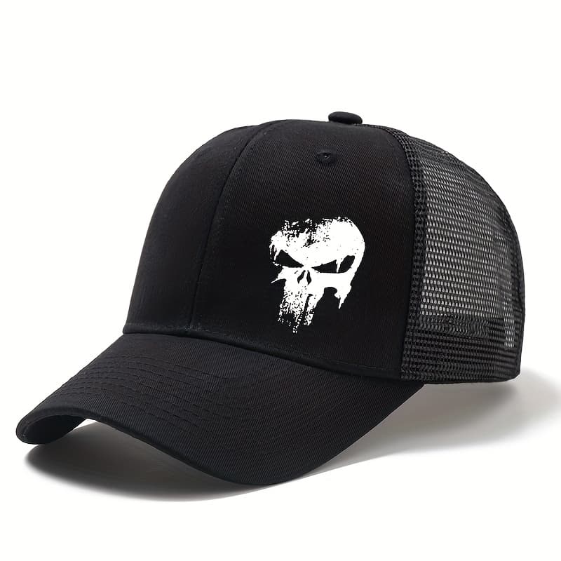 TEMU Unisex Printed Skull Head Baseball , Adjustable Size Summer Outdoor Mesh Breathable Curved Brim Hat, Trucker Hat, Suitable For Outdoor Vacation Travel Camping Casual Occasions