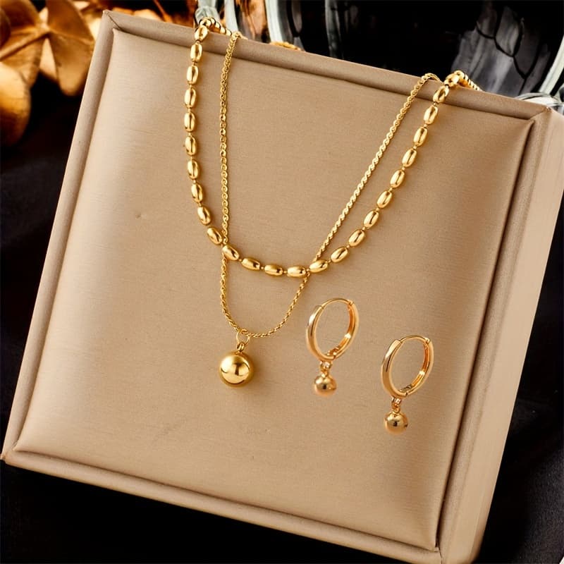 TEMU A 3pcs Set Featuring Minimalist And Stylish Round Bead Pendant Designs, Including A Stainless Steel Necklace And Earrings, Plated With 18k Golden, Suitable For Daily Wear Or Party Occasions