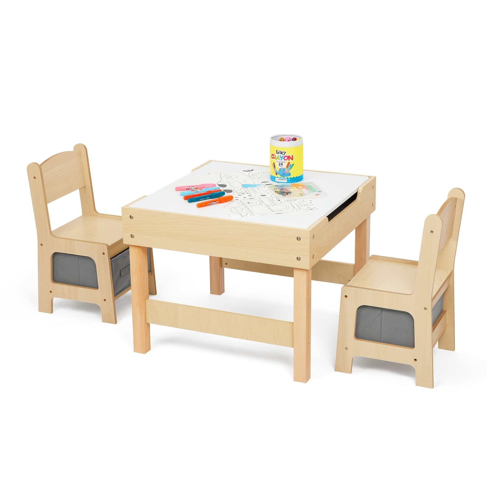 TEMU Wood Table And Chair Set, 3-in-1 Kids' Table And Chair Set With Double-sided Desktop And Toy Storage, For Room, Nursery, Playroom, And Daycare Center