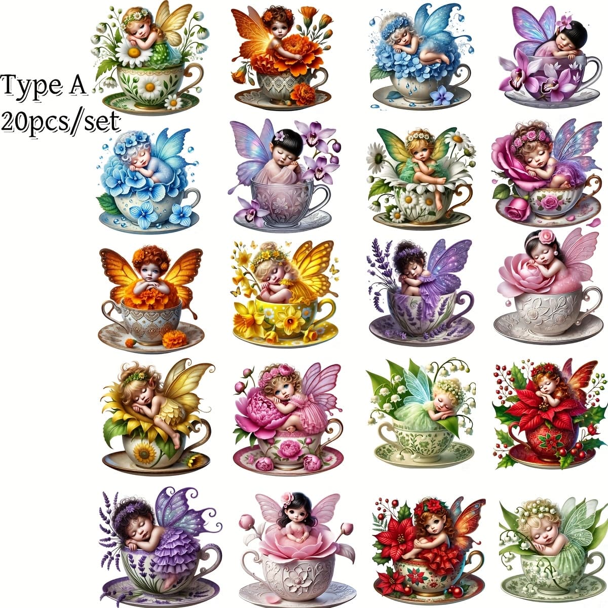 TEMU 20pcs/set Handmade Creative Retro Cartoon Tea Cup With Cute Flower Fairy Series Stickers Suitable For Garbage Diary Notebook Decoration Manual Account Diy Cutting Book Stickers