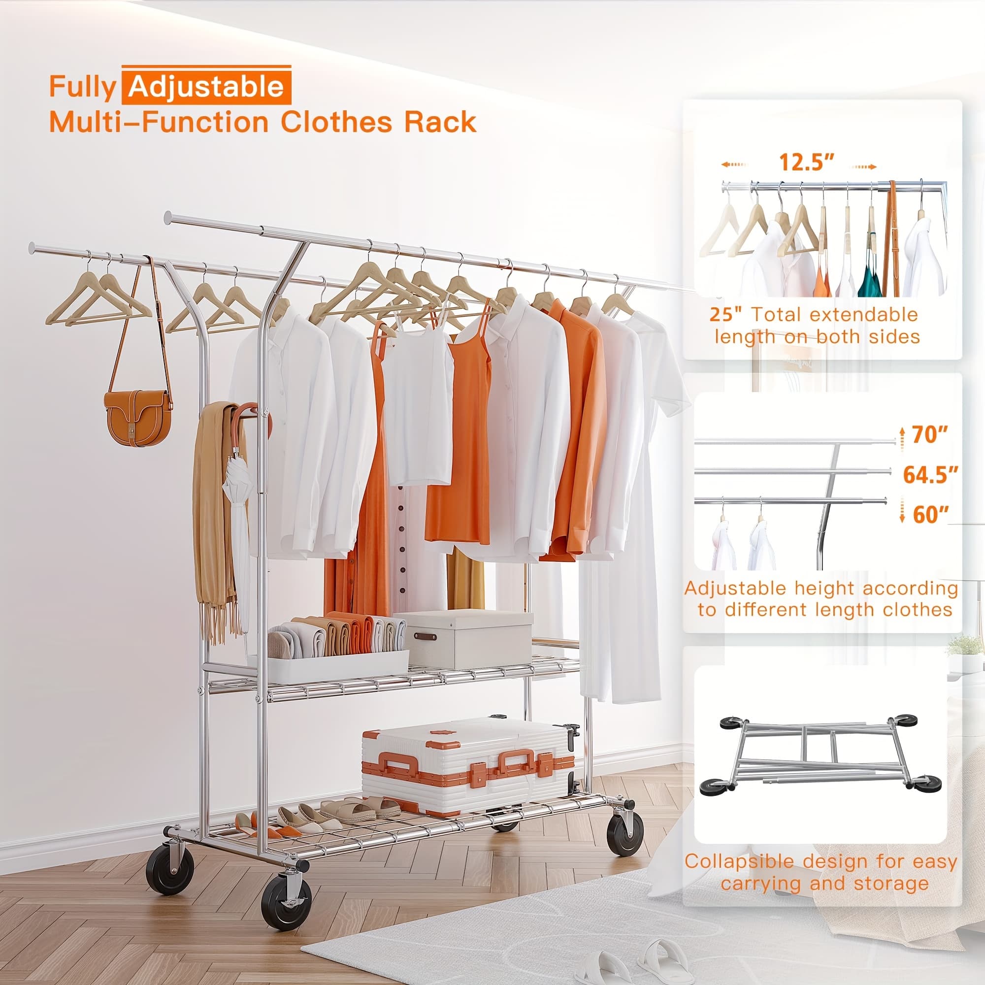 TEMU Clothes Rack Heavy Duty Clothing Rack With Wheels Load 650lbs Clothing Racks For Hanging Clothes Rolling Clothes Rack Adjustable Garment Rack Commercial Portable Clothes Rack 74" Wx25" Dx69" H
