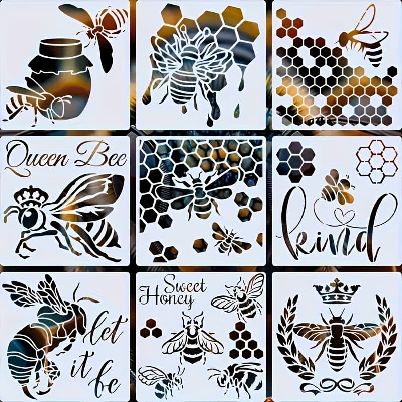 TEMU 9pcs 5.91x5.91 Inch Bee And Honeycomb Stencils, Reusable Pet Templates For Painting On Wood, Fabric, Wall, Furniture, Crafts, Home Decor