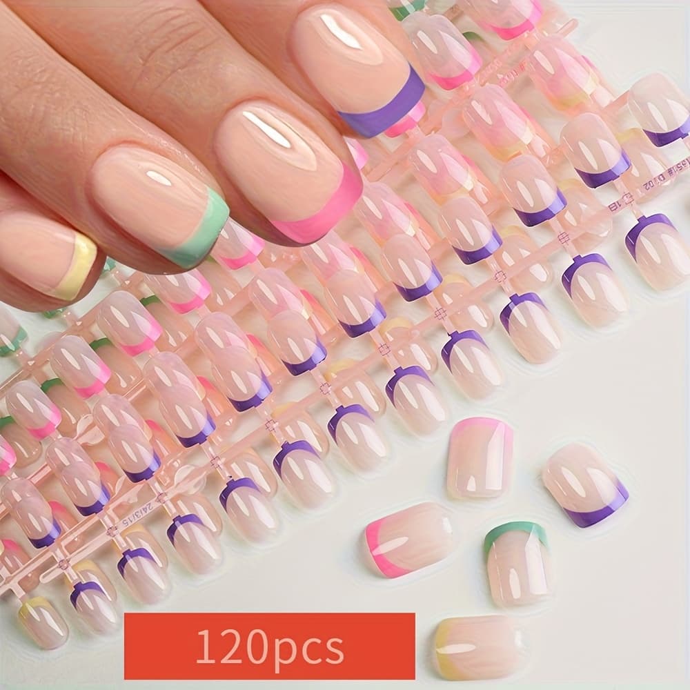 TEMU 120-pack French Short Square Fake Nails, Five-color Nude French Fake Nails, Nail Practice Nails, Full Coverage, Ideal , Classic French Nails | Shine Surface Nails