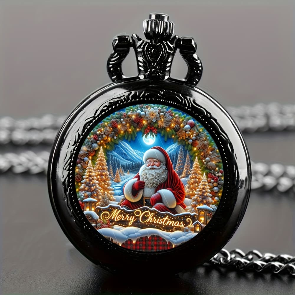 TEMU Toop Cute Christmas Theme Pocket Watch With Santa Design - Quartz Movement Stainless , Round Dial, Electronic Drive, Non-waterproof - Unique Merry Christmas Necklace Gift