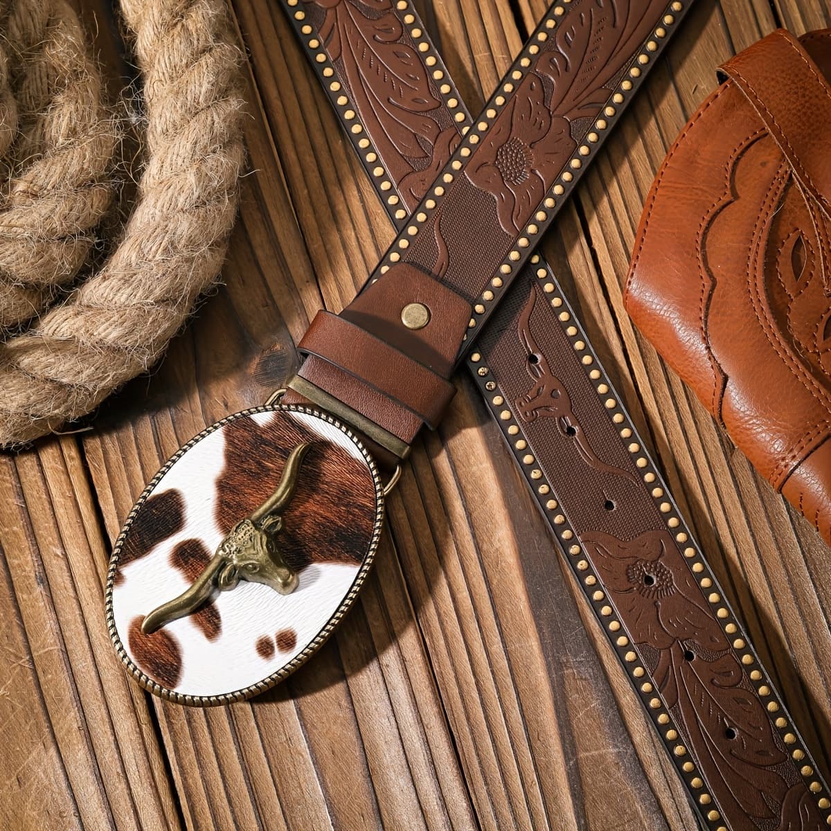 TEMU 1pc Cow Element Western Style Belt, Men Women Teen Unisex Casual Retro Classic Faux Leather Belt, Pu Printed Design Fashionable Individual ( Texture Random)
