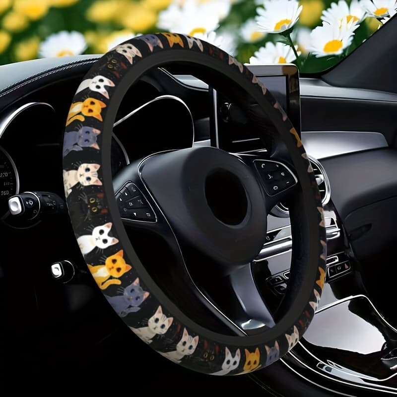 TEMU Cute Cat Pet-themed Pattern, Single-pack Car Steering Wheel Cover, Comfortable Grip, Interior Accessory, Neoprene Rubber Material, Anti-slip Design, Specifically Designed For Most Car Models
