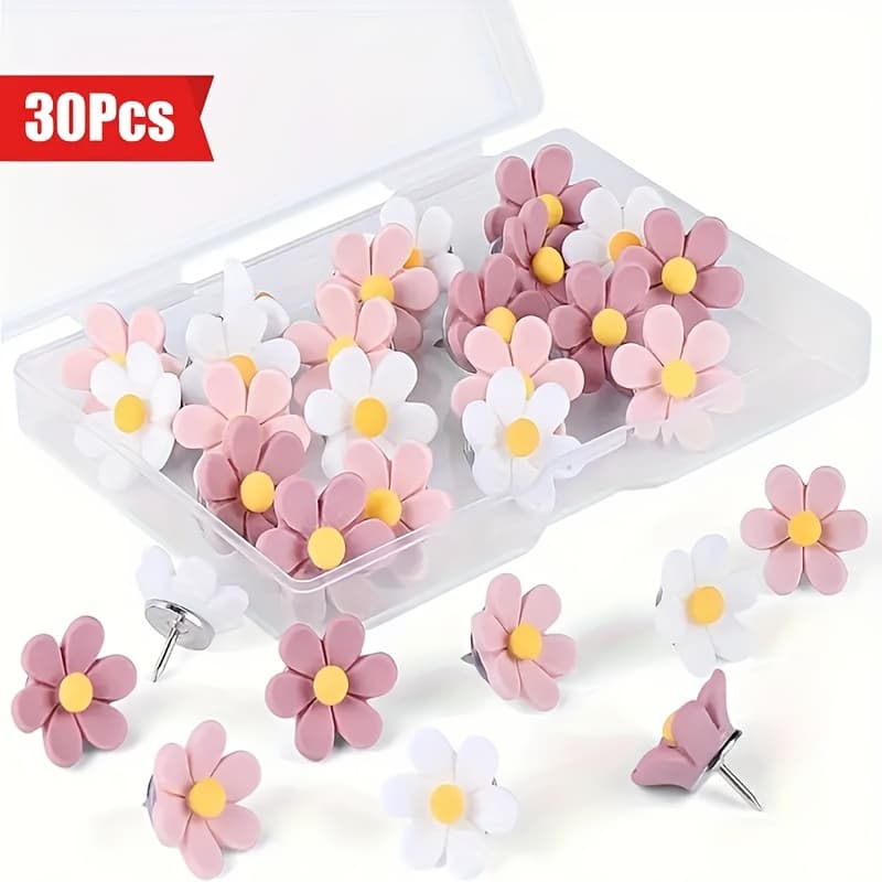 TEMU 30-pack Floral Push Pins, Abs Material, Decorative Flower Thumbtacks For Bulletin Boards, Photo Wall, Map, Office, And Home Decor