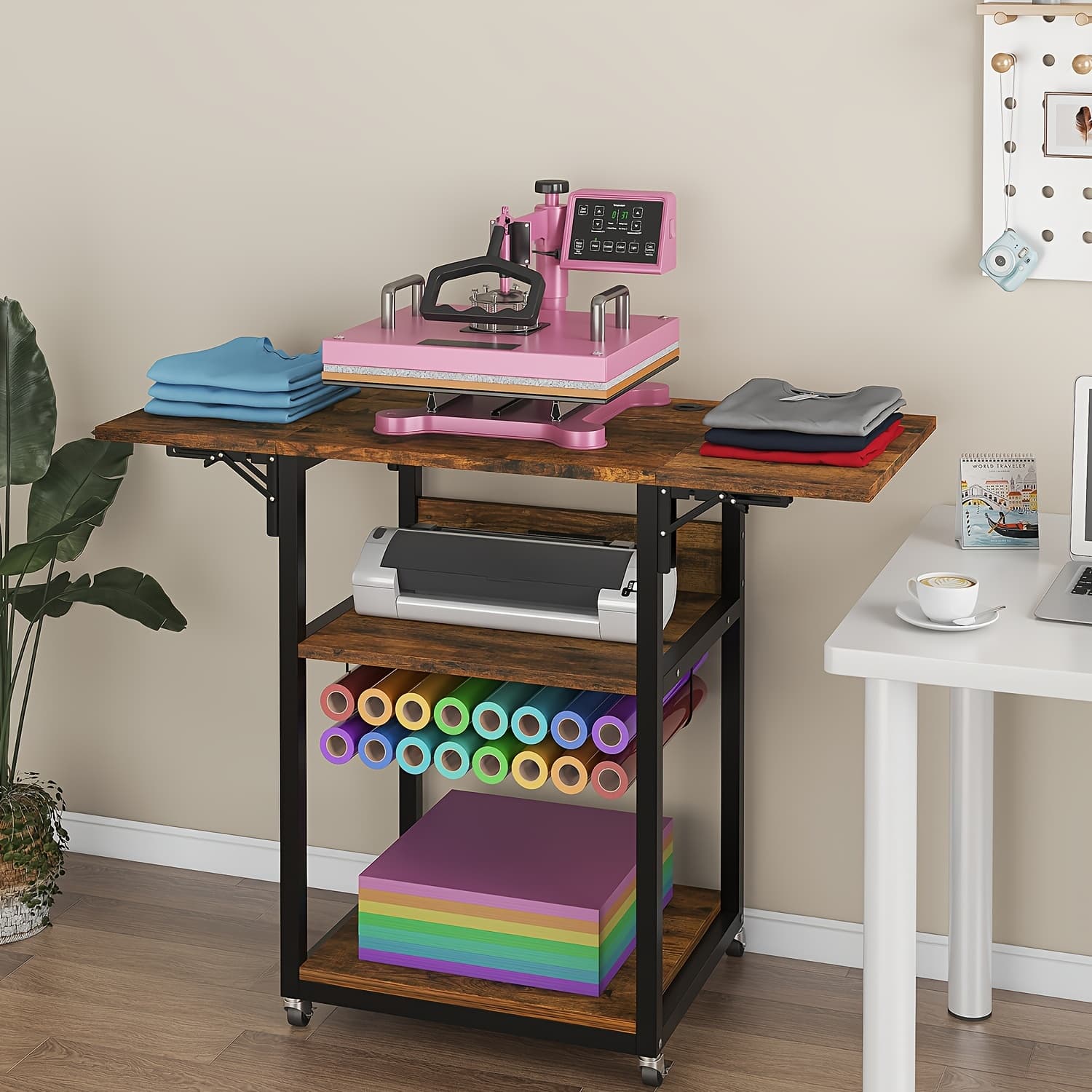 TEMU Foldable Heat Press Table, 3 Tier Movable Heat Press Stand With Vinyl Roll Holder, Heavy Duty Metal Shelf Cart For Diy Sublimation Transfer Machine And Printer, Brown