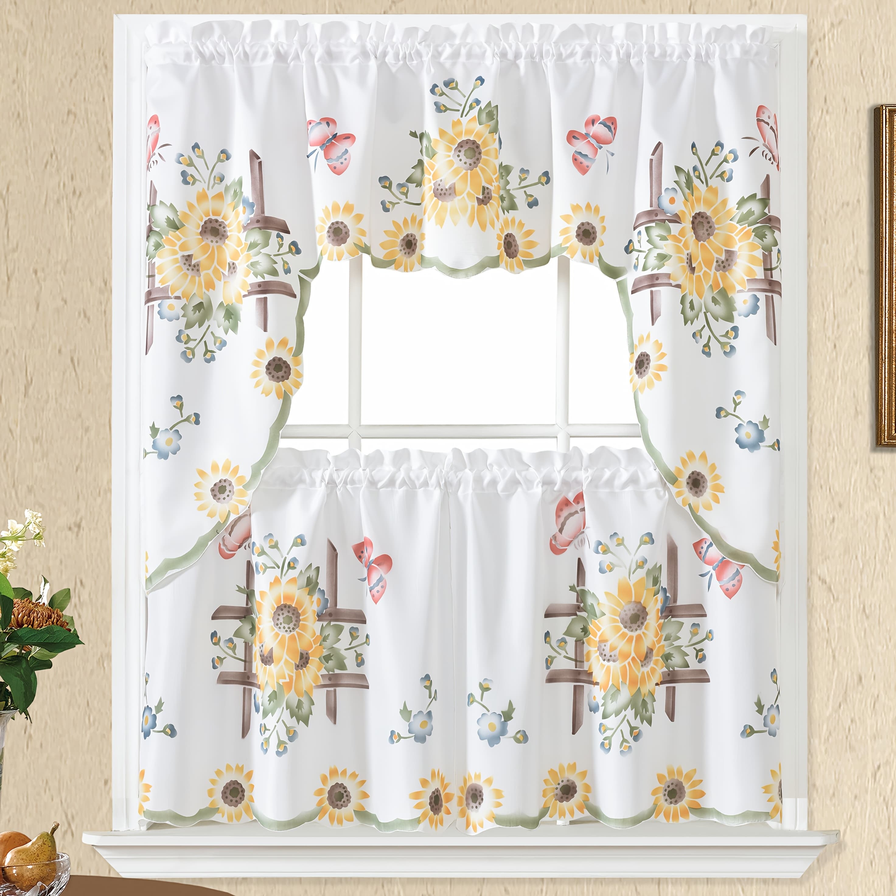 TEMU 3pcs Kitchen Curtain/cafe Curtain Set, Air-brushed Sunflower Design – Kitchen & Restaurant Window Shading, Bathroom, Living Room Decor. Fits Rods < 3cm Diameter