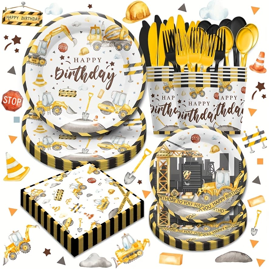 TEMU 168pcs Construction-themed Party Set Including Dump Truck, Excavator, And Bulldozer Plates, Cups, Napkins, Forks, Knives, And Spoons, Suitable For Decorating Birthday Parties For 24 Guests