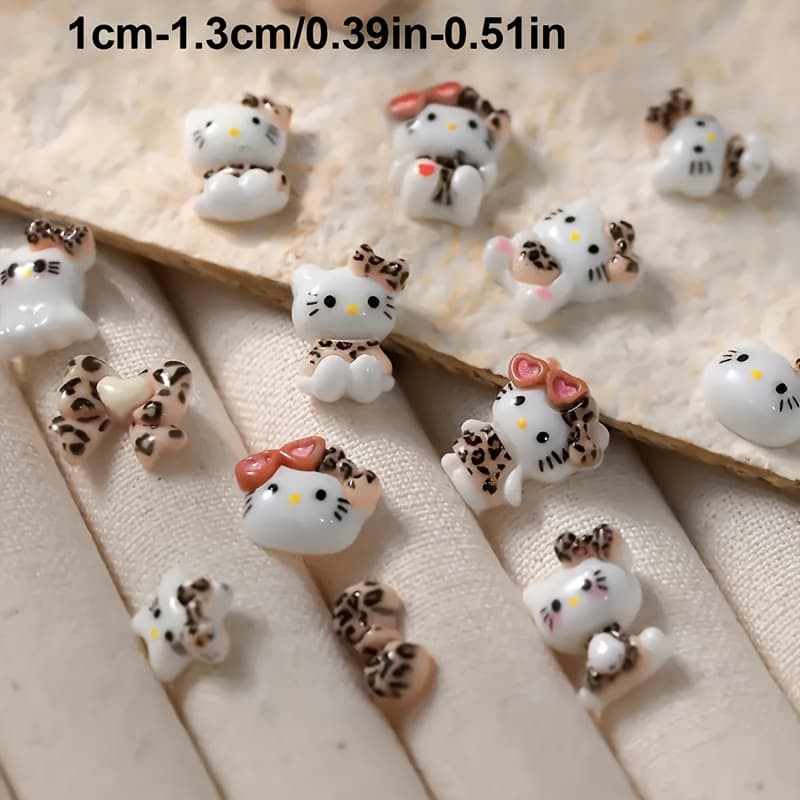 TEMU 20pcs Hello Kitty & Leopard Print Nail Charms Set - Cute Cartoon Cat Bow Ties, - Perfect For & Gifts