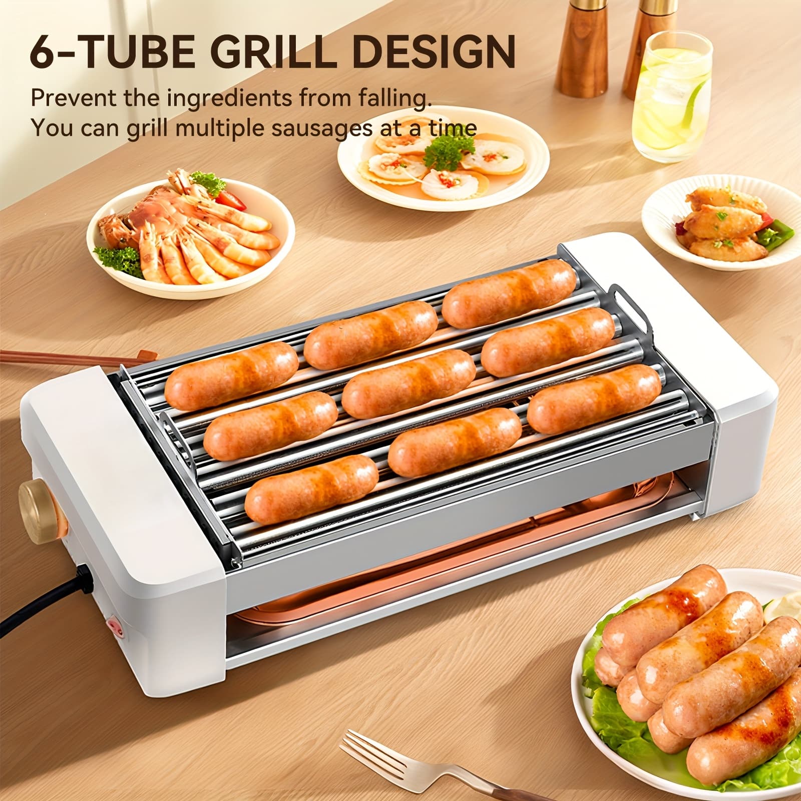 TEMU Multi-functional Sausage Roaster And Hot Dog Machine, With Plate, Silicone Basting Brush And Silicone Roasting Tongs, Tabletop Barbecue Grill, Adjustable Temperature, Detachable Panel
