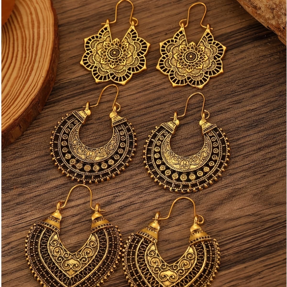 TEMU 6pcs Vintage Bohemian Style Hollow Flowers And Geometric Line Earrings Set, Suitable For Women's Party