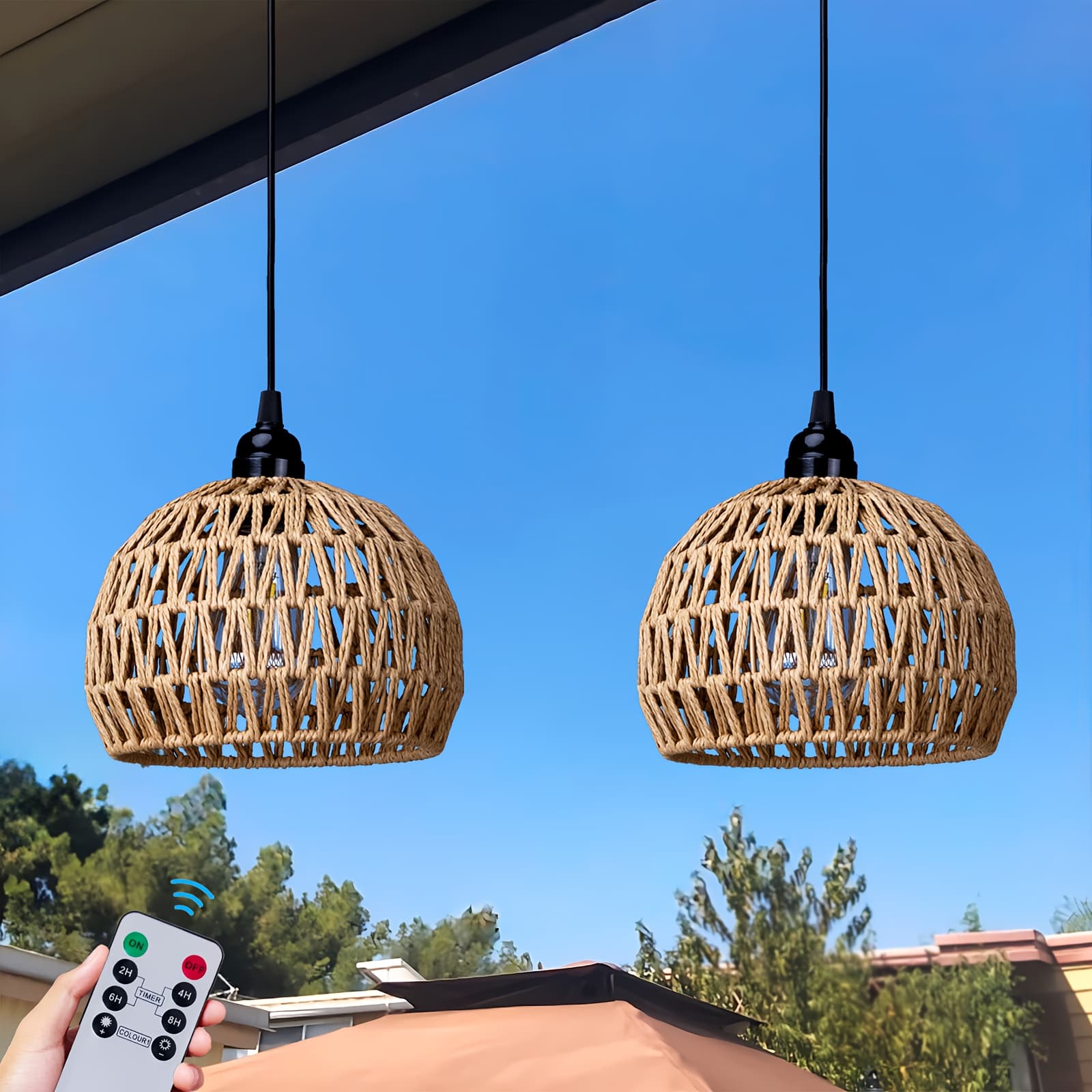 TEMU 2pcs Battery Operated Pendant Light With Remote, Battery Hanging Light Rattan Woven Chandelier, Dimmable Warm White Led Light Bulb With Timer, Kitchen Islands Patio Tree Pergola Gazebo Porch