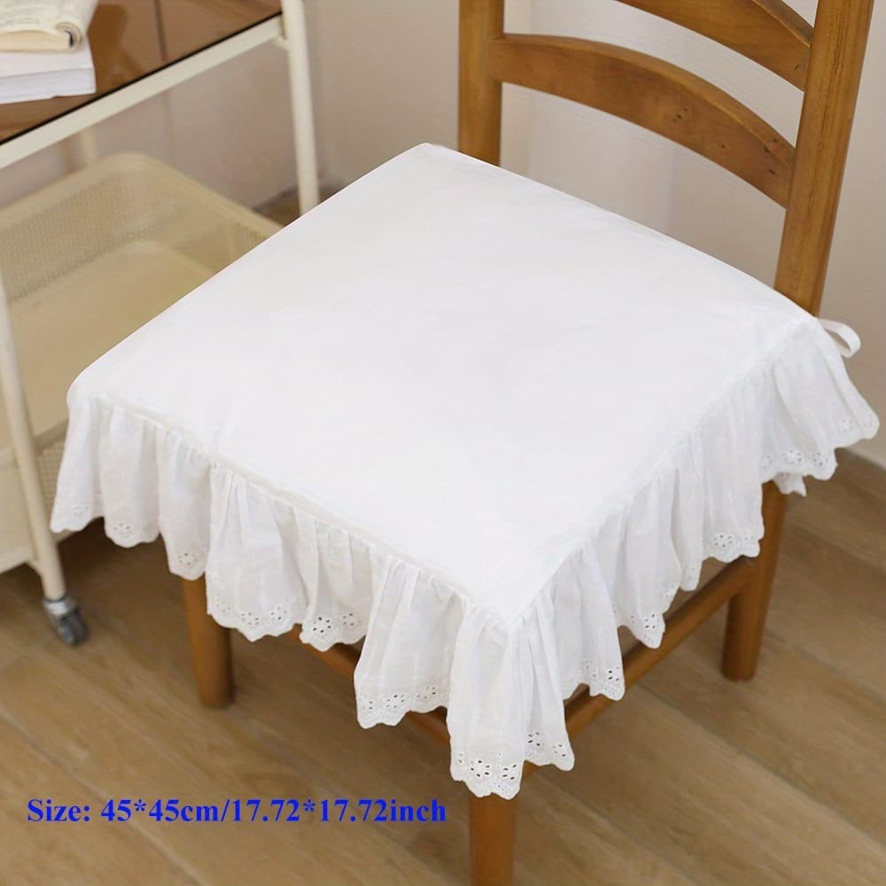 TEMU French- Cover Cushion, High-end White Minimalist Ruffle Hem With Hollow-out Embroidery, For Home Use, Solid Wood Chair Slipcover, Backrest Cover