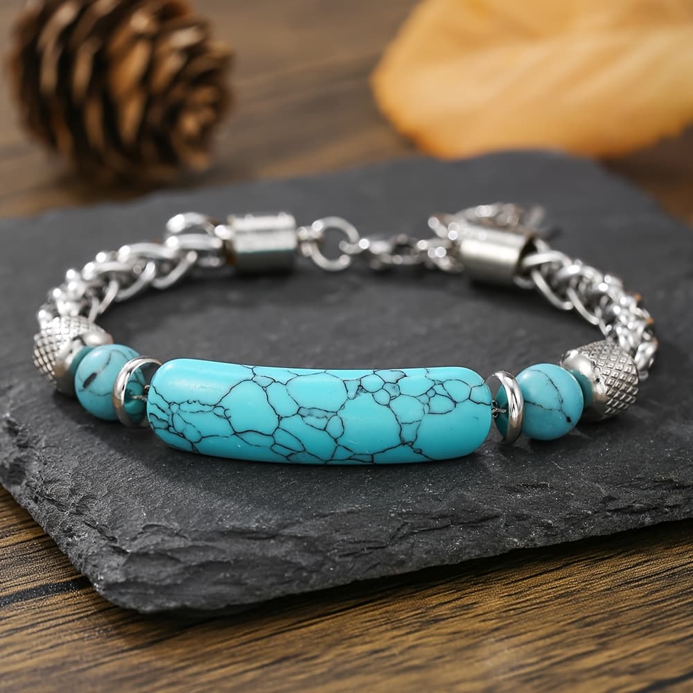 TEMU Retro Turquoise Bracelet For Women And Men Stainless Steel Chain Splicing, Turquoise Titanium Steel Men's Bracelet Does Not Fade Suitable For Daily Wear