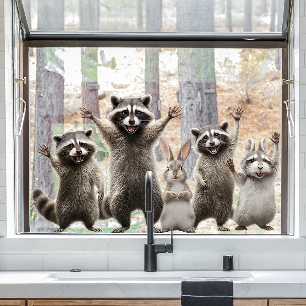 TEMU Bohemian Raccoon & Rabbit Window Cling Stickers - Vinyl Animal Decals With Raccoon Peeking Through & Rabbit Face Suitable For Doors, ' Rooms, - & Stick Home Decor (no Residue)