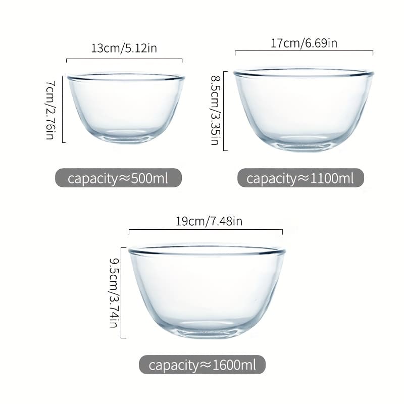 TEMU 3pcs Set Of Thickened Borosilicate Salad Bowls, Clear Mixing Bowl, Food Grade For Serving, Salads, Baking, Microwave, Oven, Dishwasher Safe