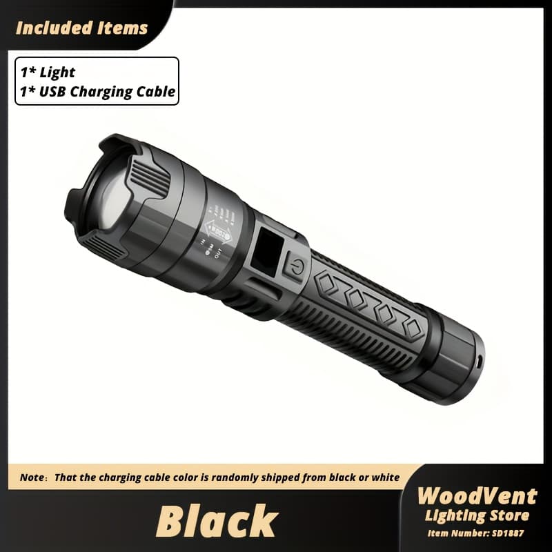 TEMU 1pc Led Flashlight, Telescopic Zoom, Usb Rechargeable Torch With Display, Handheld Fishing Light For Camping, Hiking, Repair, Emergency Lighting