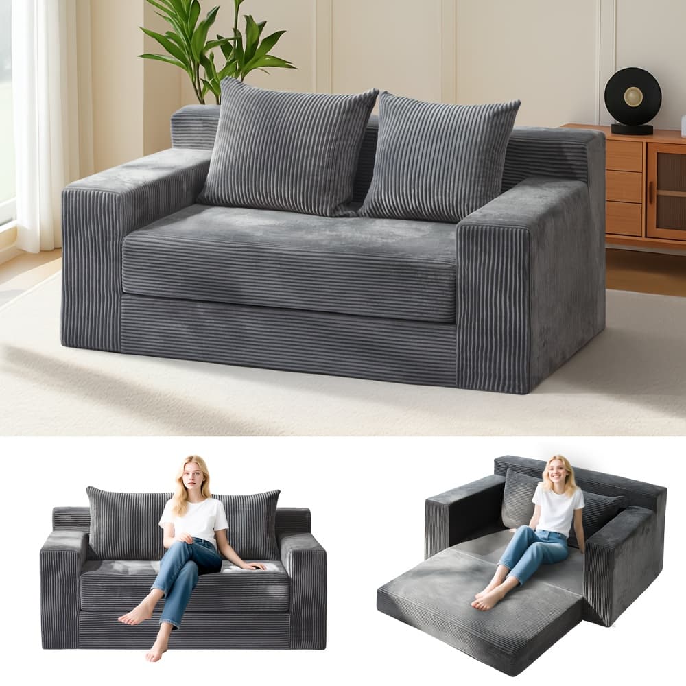 TEMU Convertible Sofa Bed, 3in 1 Loveseat Folding Couch Bed Foldable - Boneless Couch & Floor Futon Sleeper, Corduroy Pull Out Sofa Bed With 4 Pillows For Living Room