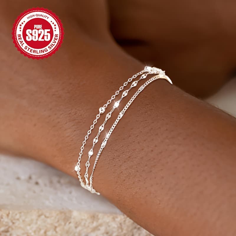 TEMU 2.5g Hypoallergenic Lightweight 925 Sterling Silver Triple Layer Beaded Elegant Lip Jewelry For Women - Wear & Gift