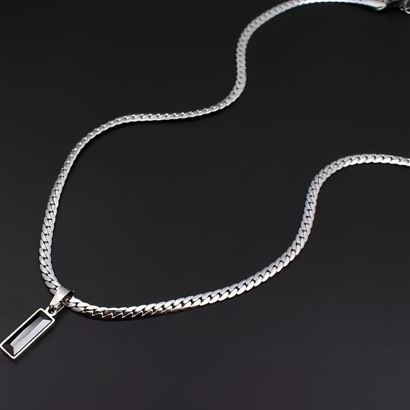 TEMU 1 Stainless Steel Flat Chain Fashionable Minimalist Men's Black Pendant Necklace