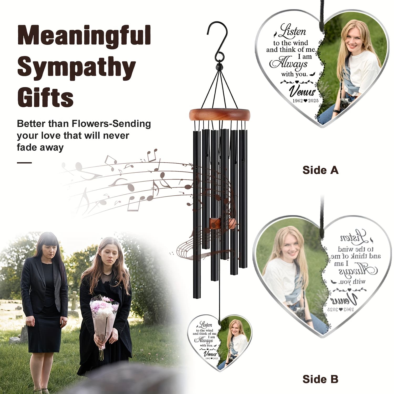 TEMU 1pc, A Customized Gift Wind Chime, Made Of Metal, In Black And Styles, With An Acrylic Heart Wind Catcher. The Design Features A Single-sided Pattern, And Personalized With Names, Dates