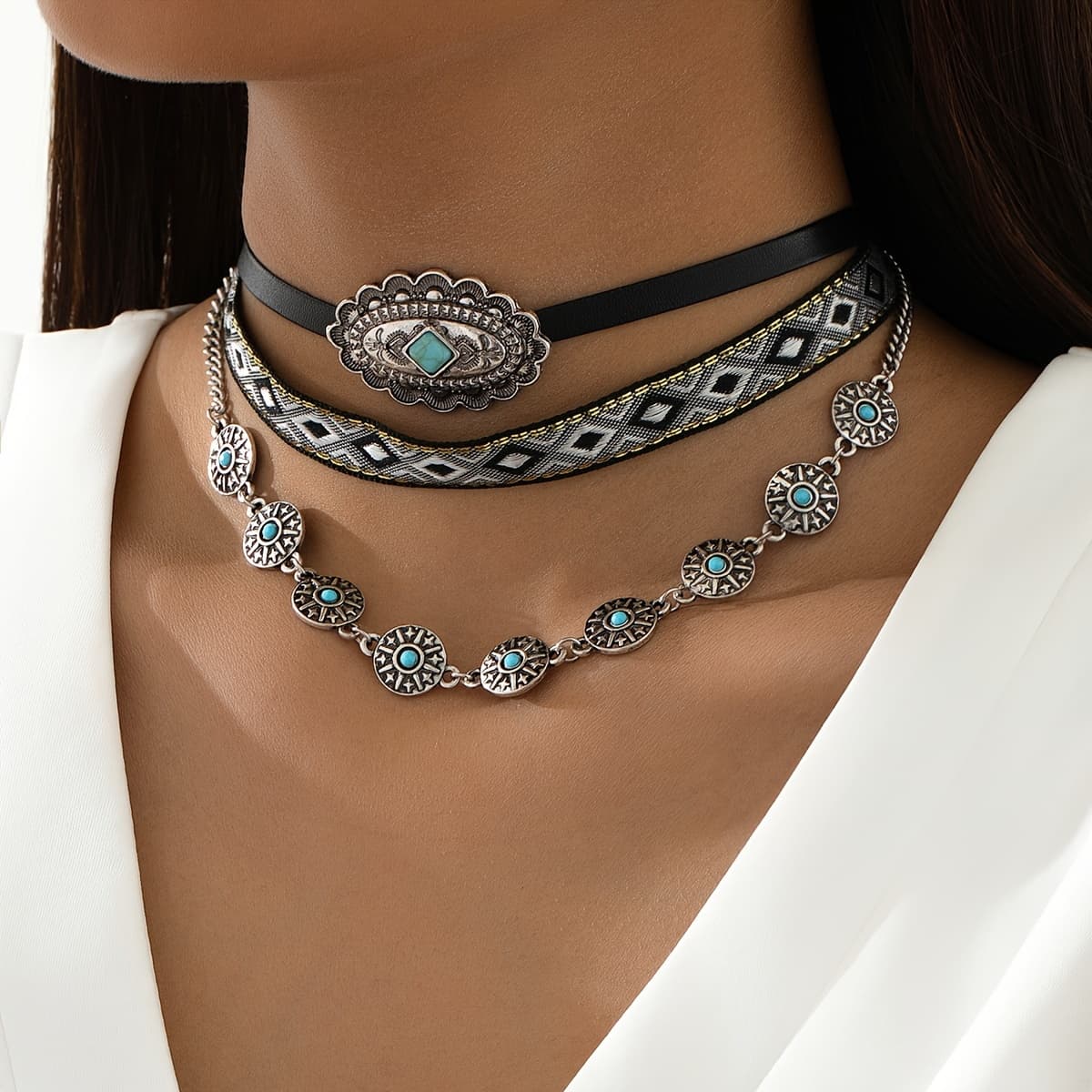 TEMU 3pcs Fashion Vintage Geometric Three-dimensional Sexy Faux Leather, Metal Choker Suitable For Women' Holidays Leisure Vacation Wear