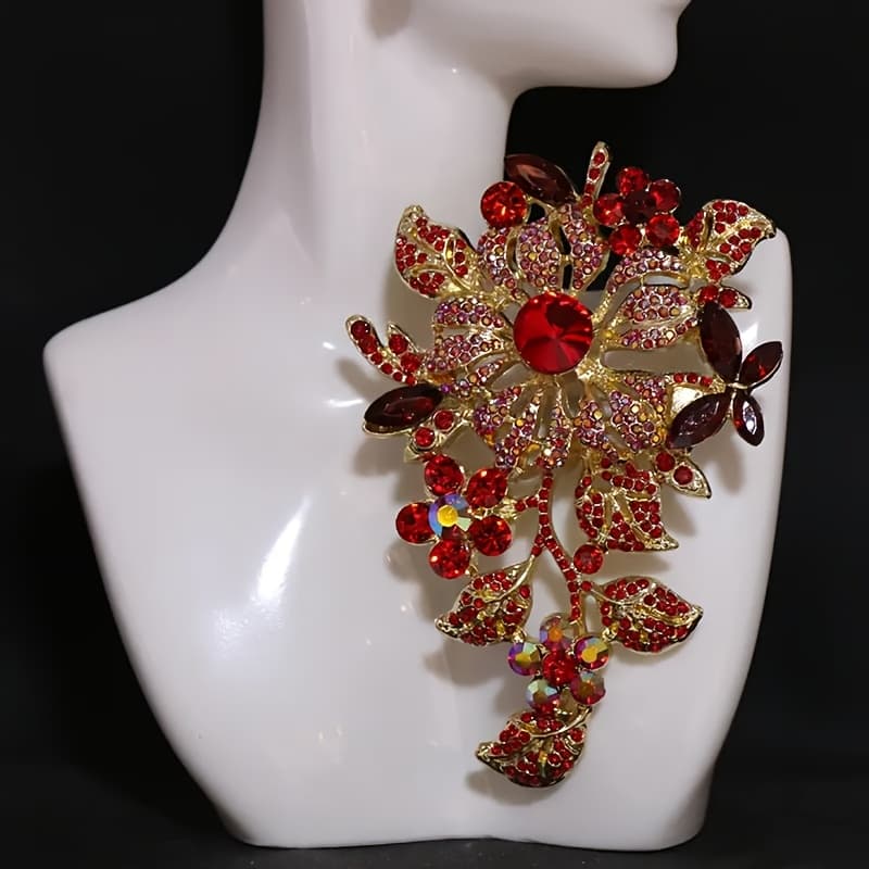 TEMU Large Flower Brooch Made Of Red Zirconia For Women, From Alloy Material - A Light Luxury Accessory. This Retro Forest Pin A Perfect Gift And Is Suitable For Bridal Additions Or Business Occasions