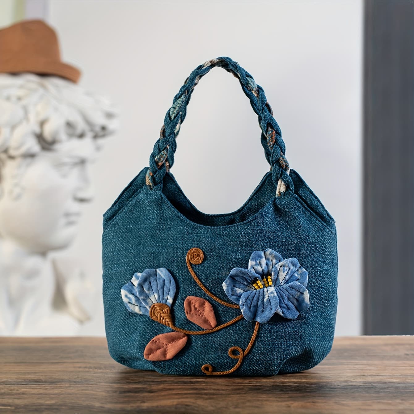TEMU 1pc Bohemian Handmade Tie-dye Floral Handbag - Random Cut Polyester Multi-compartment Zipper Closure, Durable & For Casual, Beach, Shopping