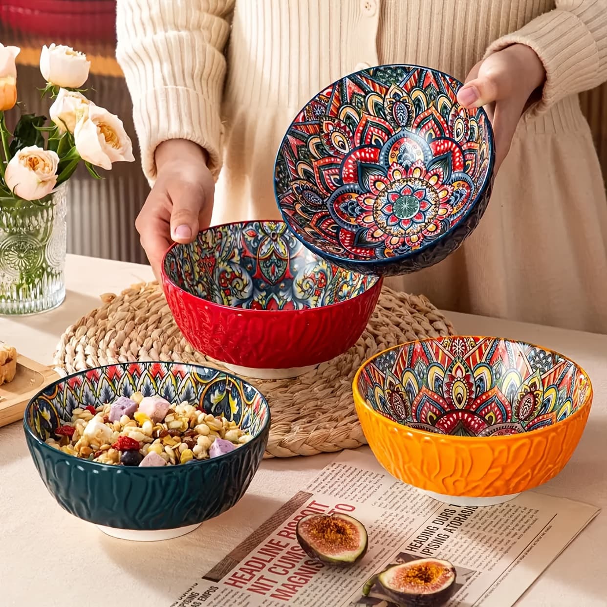 TEMU Set Of 4 Vintage-style Ceramic Bowls With A , Featuring Wavy Edges And Measuring 6.5 Inches, Perfect For Serving Pasta, Oatmeal, Soup, Noodles, And Cereal, Ideal For Festive Occasions