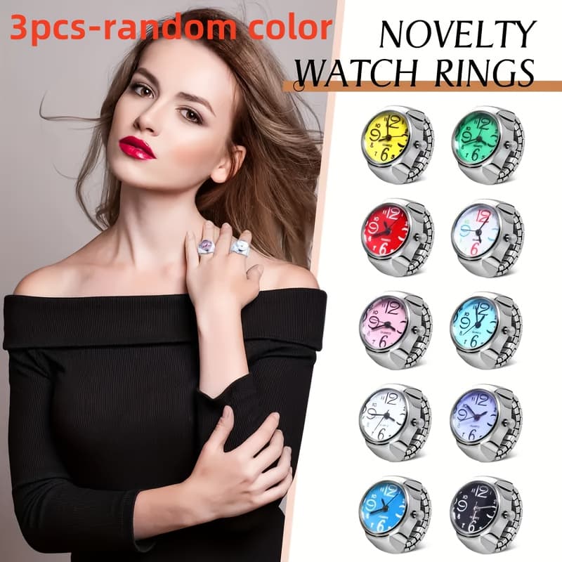 TEMU 3pcs Finger Watch Ring, Suitable For Women And Men, Adjustable Clock Ring, Loose Creative Elastic Circular Quartz Finger Ring, Set-random Color