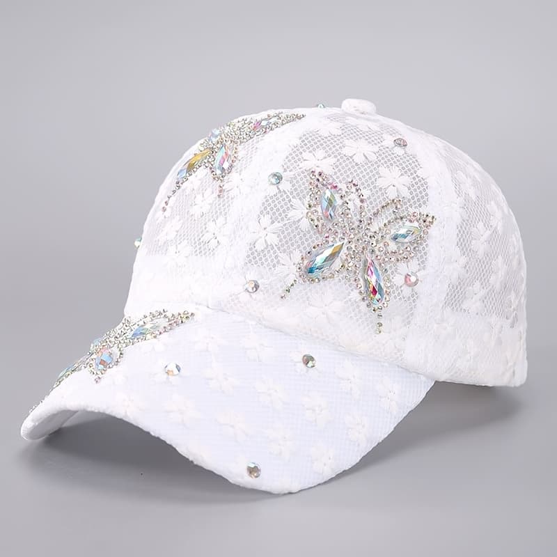 TEMU Fashionable Lady's Lace Flower Patterned Headband With Embedded Hotfix Rhinestones, Comfortable Baseball For Outdoor Activities, Mesh Breathable Sun Hat For As A Gift