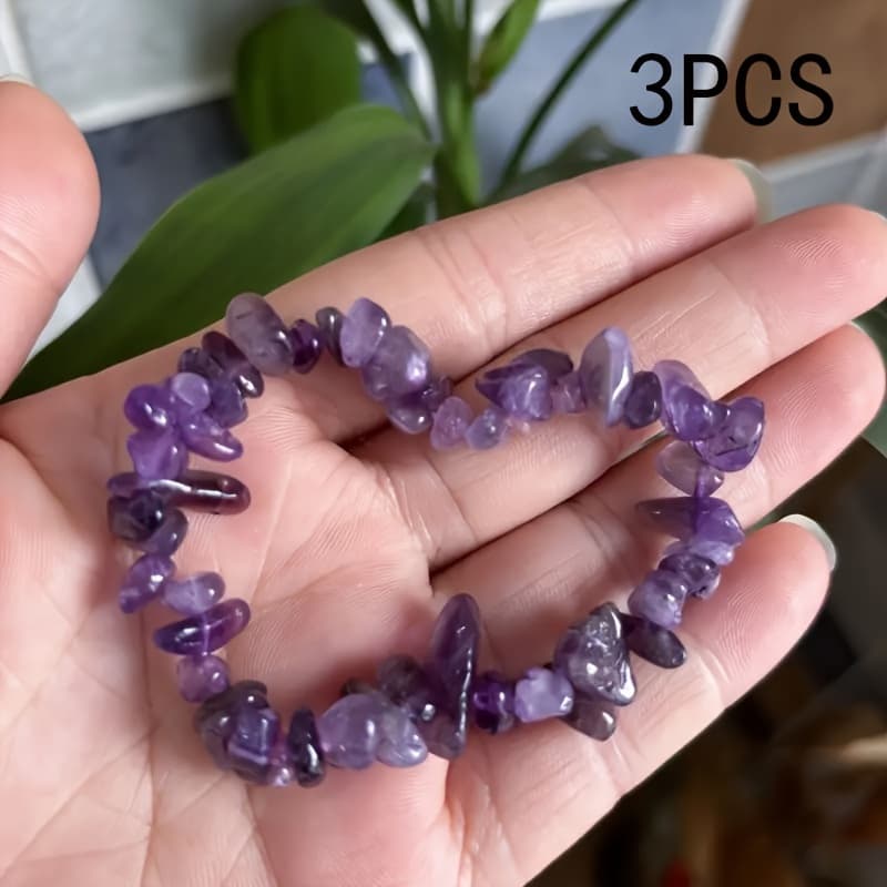 TEMU 3pcs Natural Amethyst Bracelets, Irregular Crushed Stone Elastic Jewelry, Suitable For Women, Ideal Gift For Girlfriend, Mother, Bohemian Style