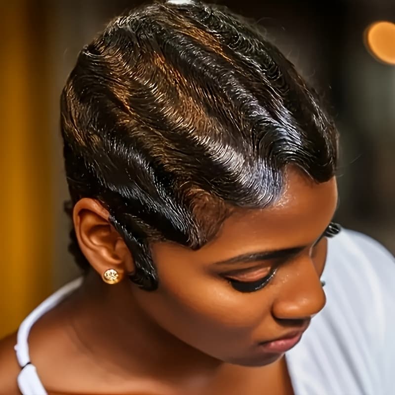 TEMU Finger Wave Short Cut Wig Human Hair Wigs 180% Density Brazilian Human Hair Wig Full Machine Made With Loose Wave Curly Short Bob