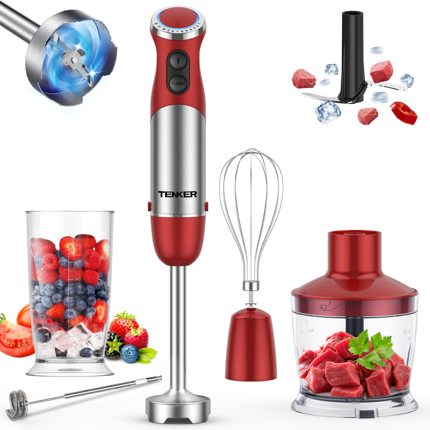 TEMU Tenker Hand Blender, 12 Speed Mode Handheld Blender Stainless Steel Sitck Blender, 600ml Mixing Beaker, 500ml Chopper, Whisk And Milk Frother, For Food, Sauces, Soups, Smoothies, Puree
