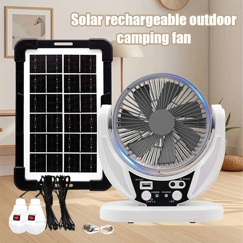 TEMU 30w Camping Fan With Solar Panel, Rechargeable Battery Powered Tent Fan With Led Light And Bulbs, Portable Desk Fan For Outdoor Camping, Fishing, Hurricane, Home Emergency