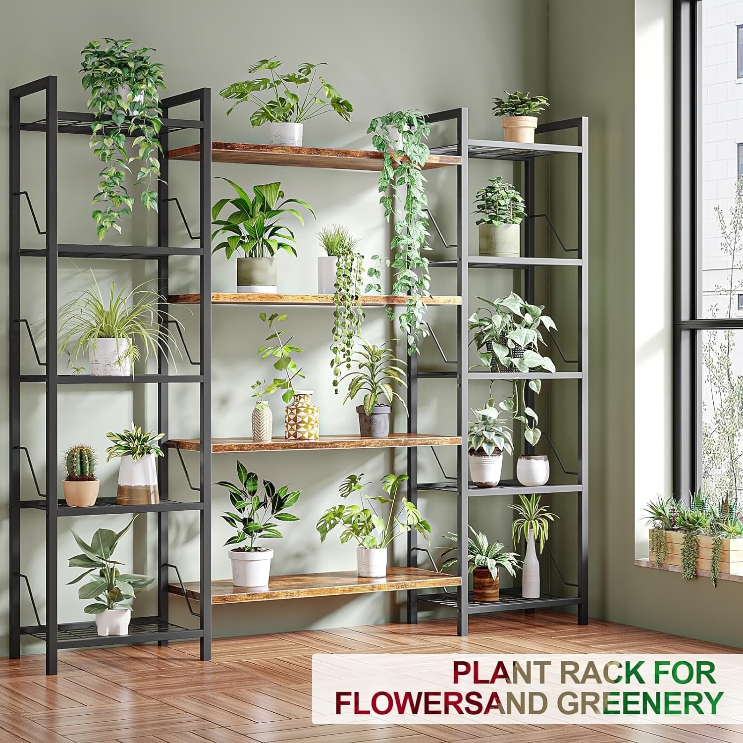 TEMU 1pc 5 Tier Corner Bookcase, Metal Flower Stand For Plants, Magazine Holders, Wood And Metal Corner Bookcase For Living Room, Kitchen, Home Office, Black