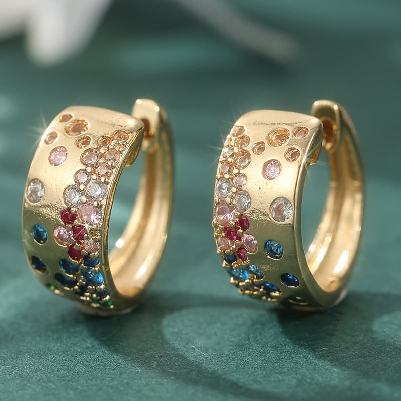TEMU Fashion Synthetic Multicolor Zirconia Hoop Earrings For Women Golden Color Female Party Jewelry Femme Brinco