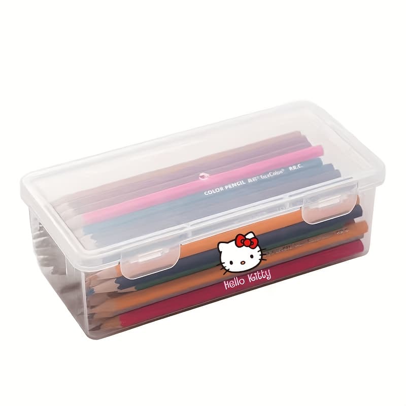 TEMU Hello Kitty Large Transparent Frosted Pp Storage Box With Lid, Portable Lightweight, For Office And School Supplies Organizer, With Pens, Pencils, Markers, Craft Supplies