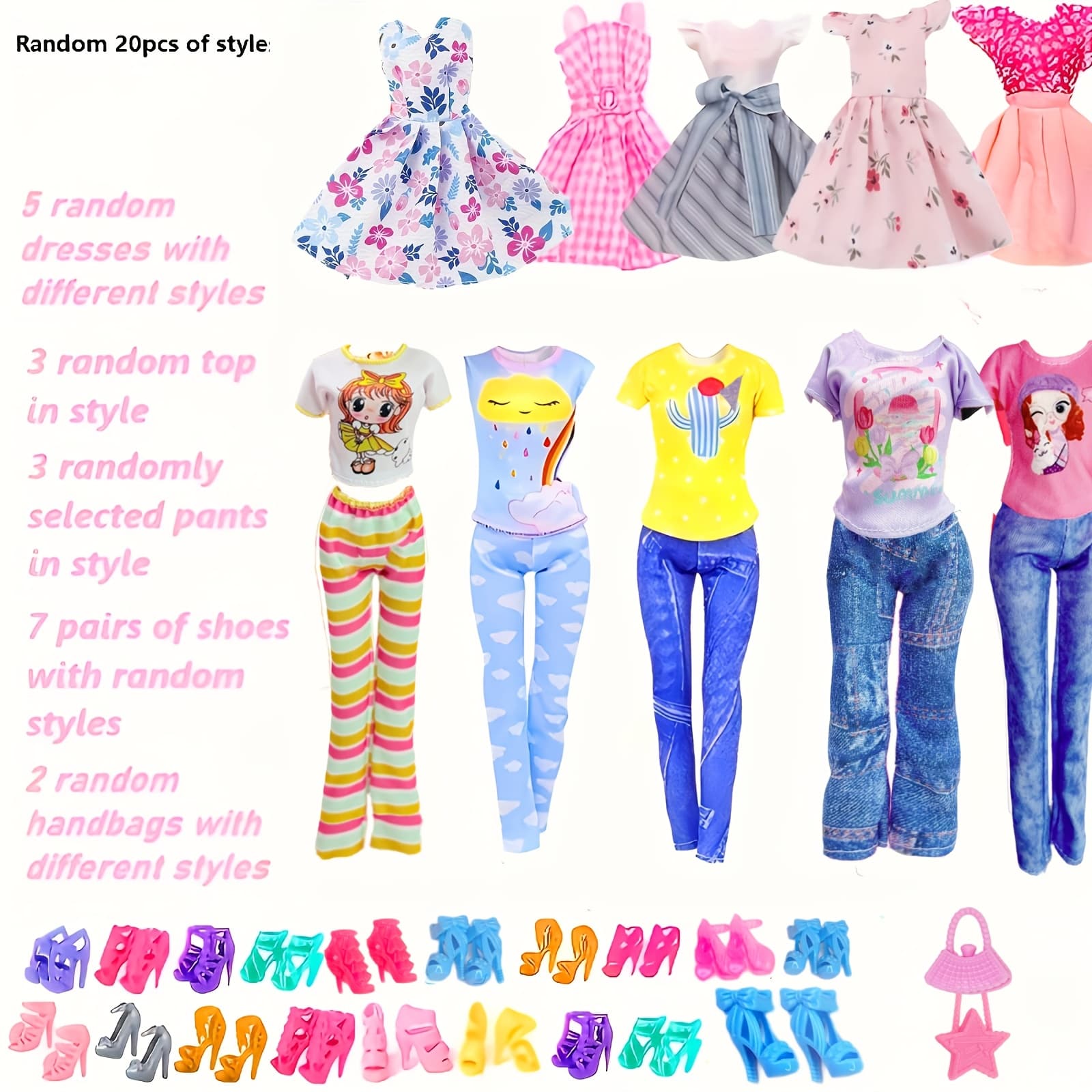 TEMU 20pcs Of 30cm/11.82" Doll Clothing, With 5 Random Dresses, 3 Tops, 3 Pants, 7 Pairs Of Shoes, And 2 Bags. A Great Gift For , Perfect For Christmas And Birthdays, Dolls Not Included