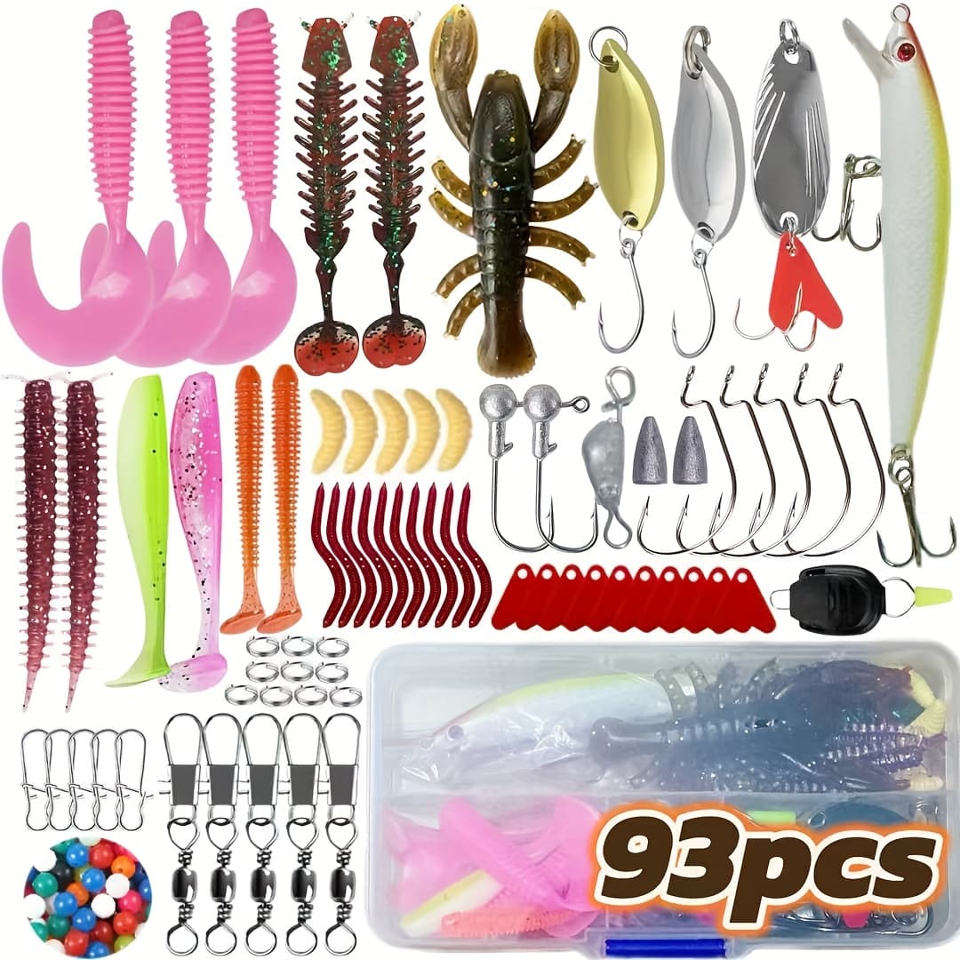 TEMU Outdoor Fishing Lure Set, 93pcs Fishing Kit With Topwater Hard Baits, Soft Baits, Spoons, Hooks & Accessories, For Freshwater And Saltwater, In Box