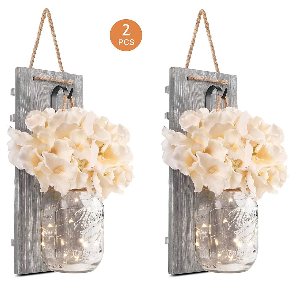 TEMU Decorative Mason Jar Wall Decor - Rustic Wall Sconces With Flowers - Farmhouse Home Decor (set Of 2)